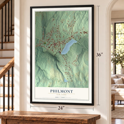 Philmont, New York map, 24 x 36 inch print in a black frame by a staircase