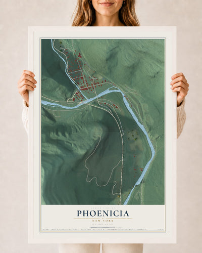 Phoenicia, New York map print, 24" x 36" W/ White Ayous Wood Frame mockup