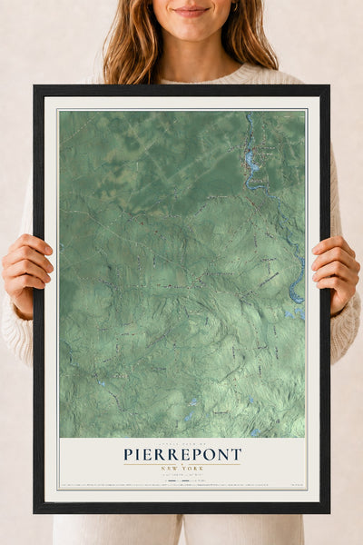 Pierrepont, New York map print, 18" x 24" W/ Black Ayous Wood Frame mockup