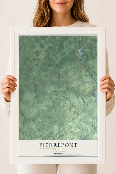 Pierrepont, New York map print, 18" x 24" W/ White Ayous Wood Frame mockup