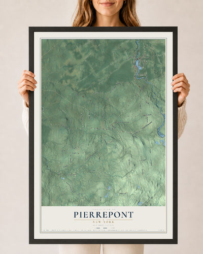 Pierrepont, New York map print, 24" x 36" W/ Black Ayous Wood Frame mockup