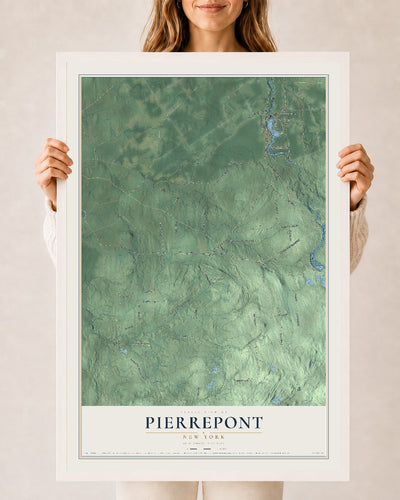 Pierrepont, New York map print, 24" x 36" W/ White Ayous Wood Frame mockup