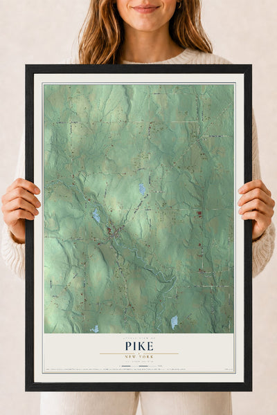 Pike, New York map print, 18" x 24" W/ Black Ayous Wood Frame mockup