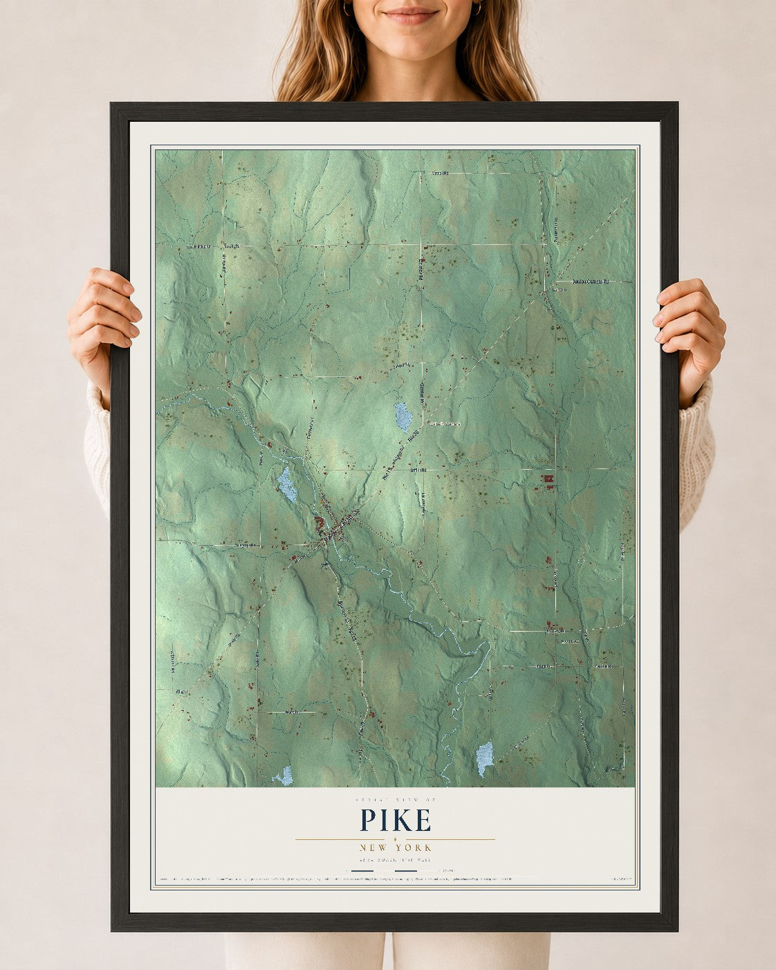 Pike, New York map print, 24" x 36" W/ Black Ayous Wood Frame mockup