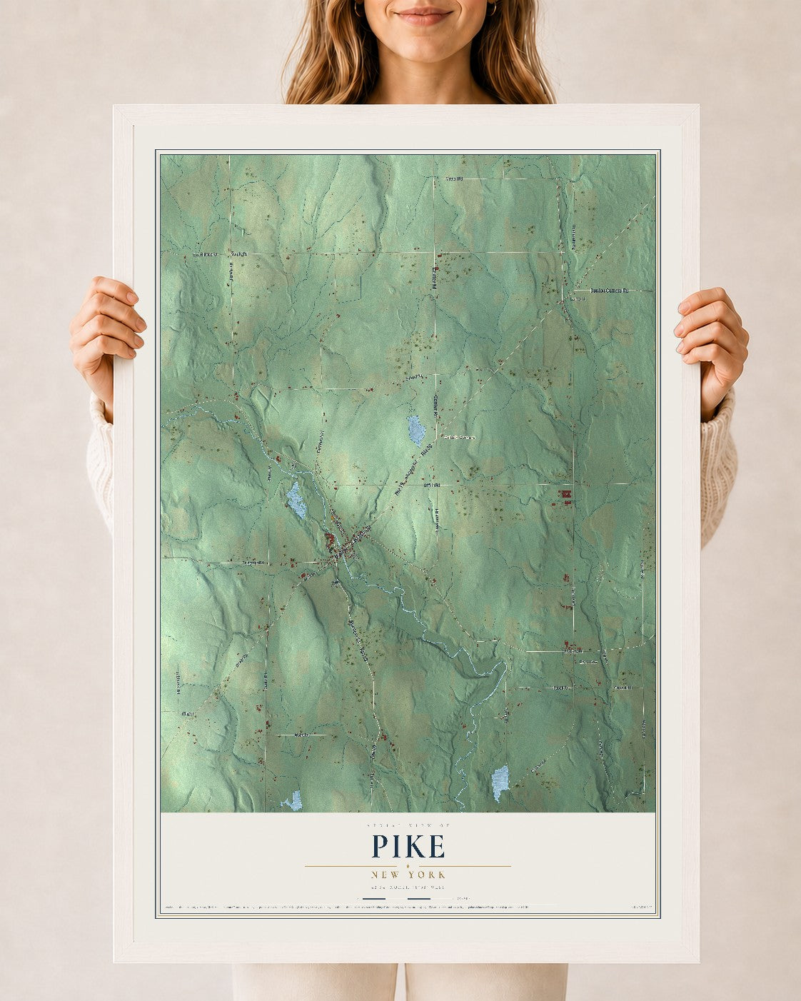 Pike, New York map print, 24" x 36" W/ White Ayous Wood Frame mockup