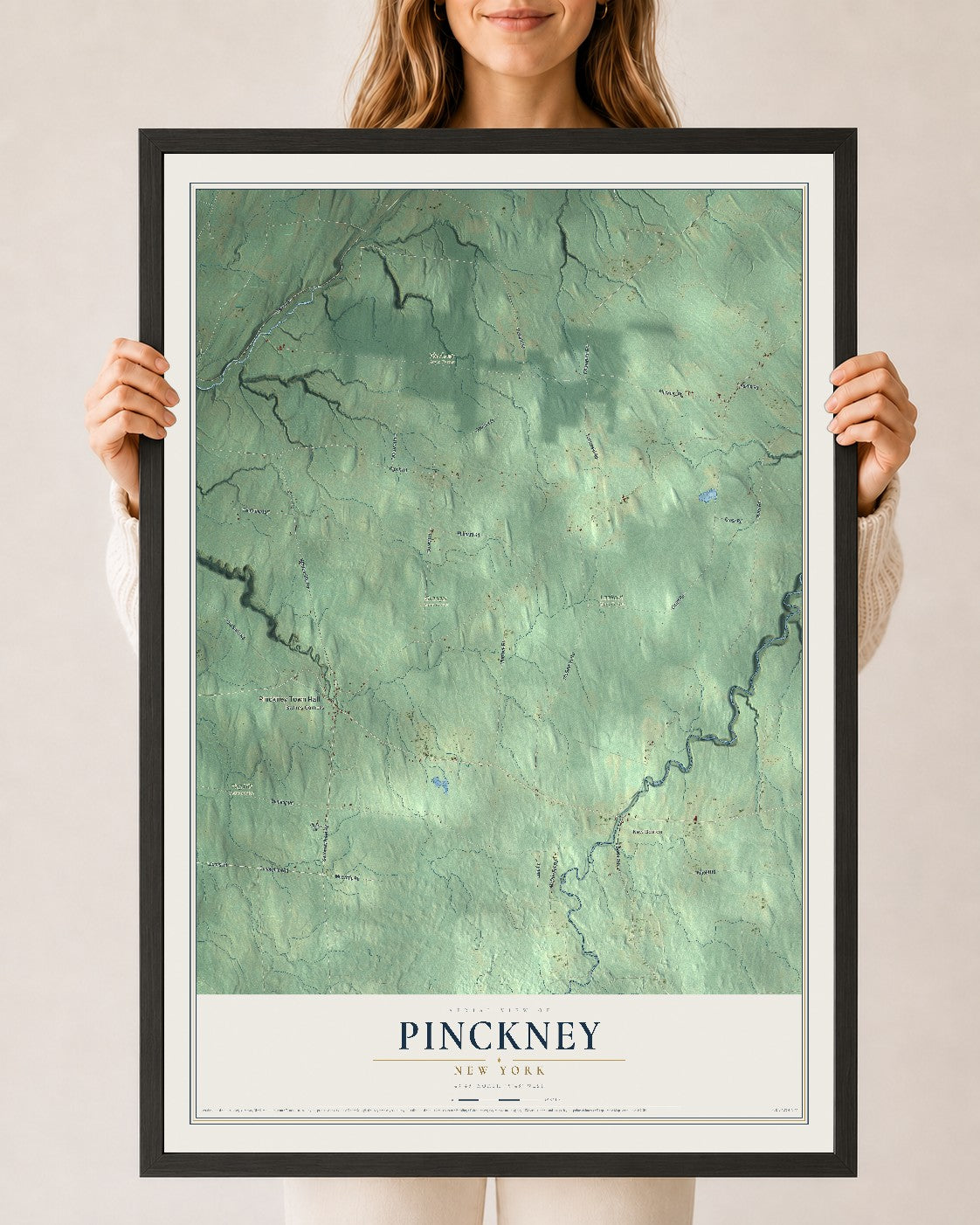 Pinckney, New York map print, 24" x 36" W/ Black Ayous Wood Frame mockup