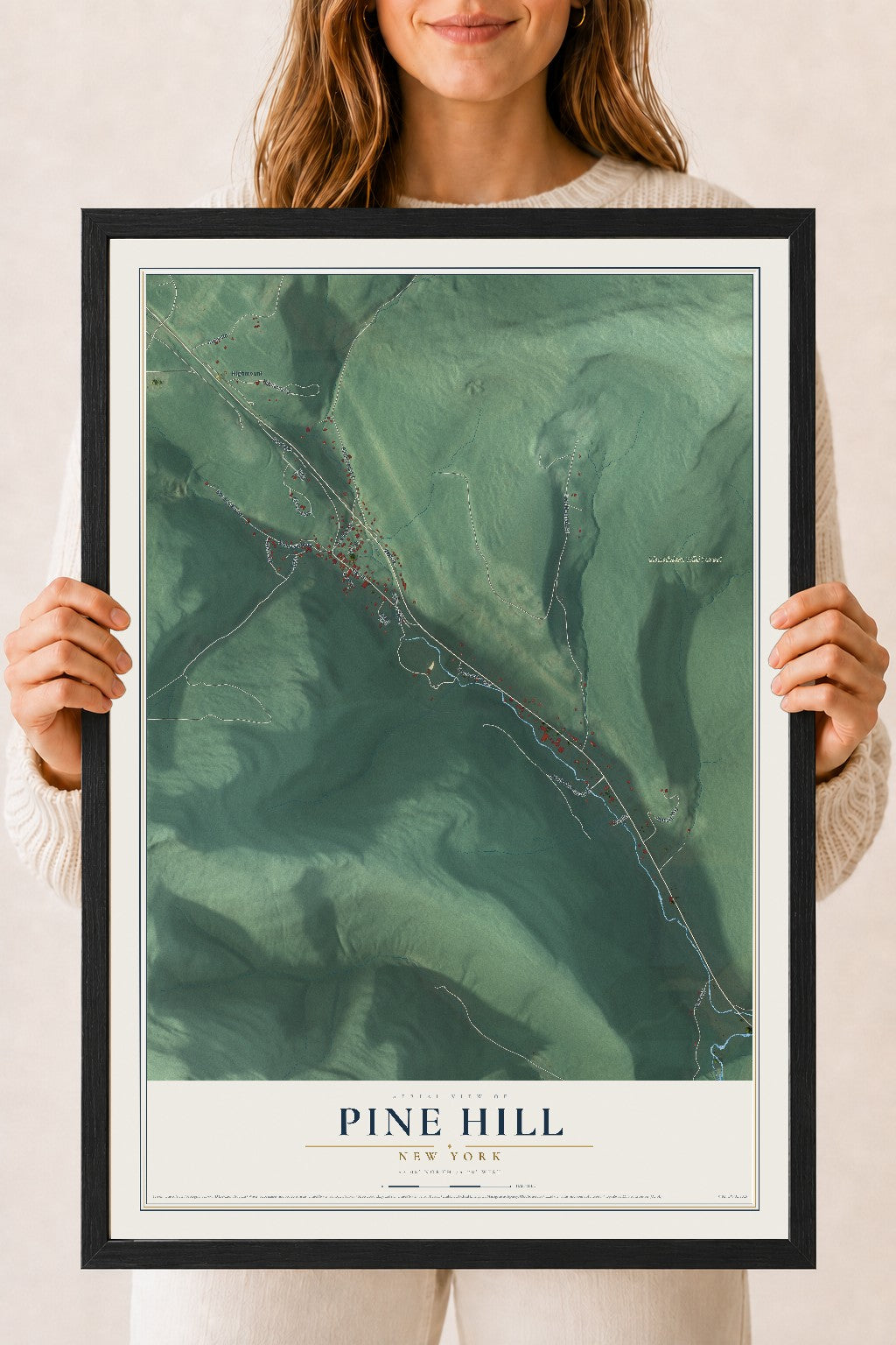 Pine Hill, New York map print, 18" x 24" W/ Black Ayous Wood Frame mockup