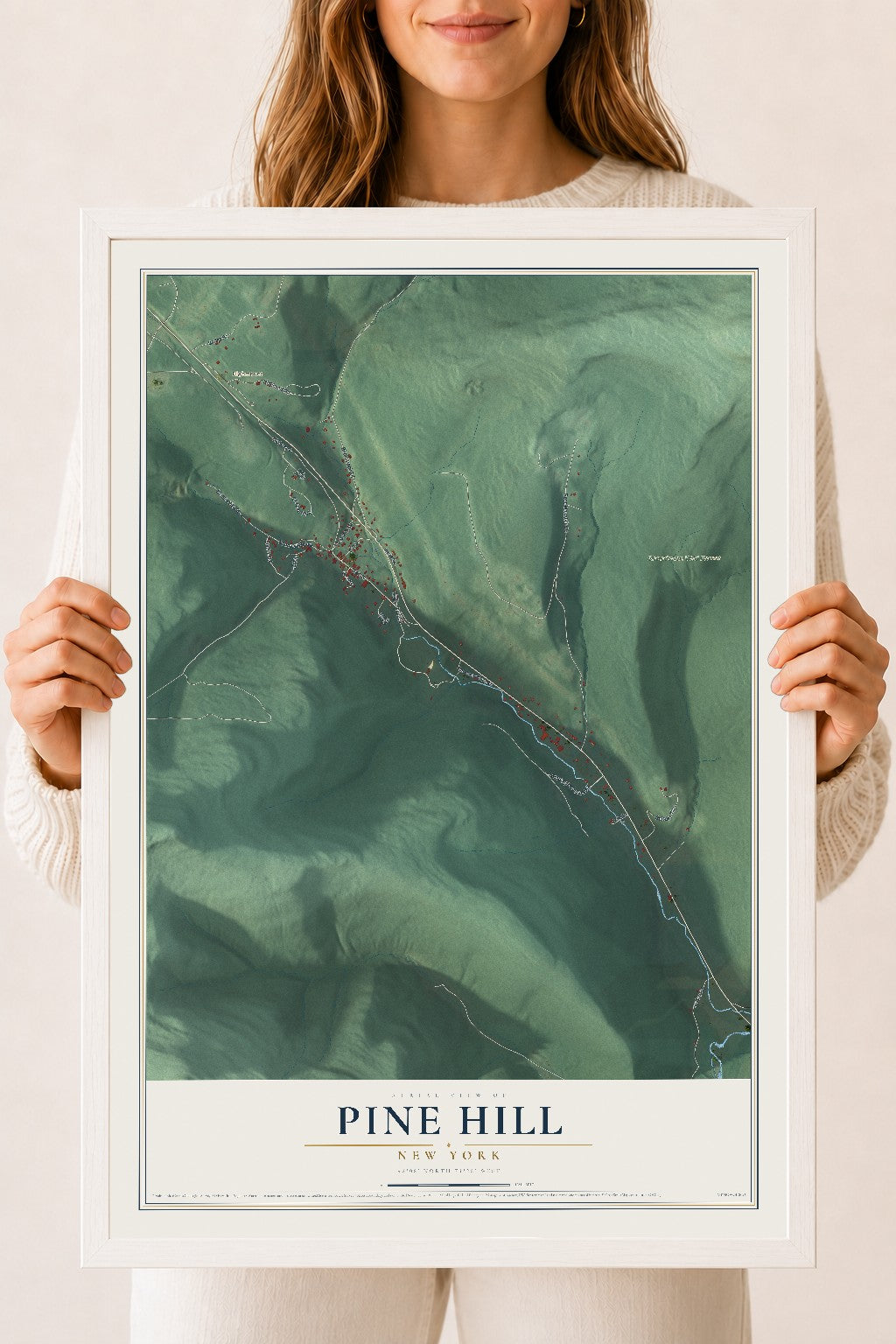 Pine Hill, New York map print, 18" x 24" W/ White Ayous Wood Frame mockup