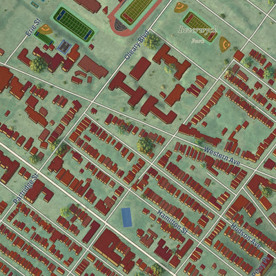 Close-up of the map of Pine Hills, New York print showing street and building detail