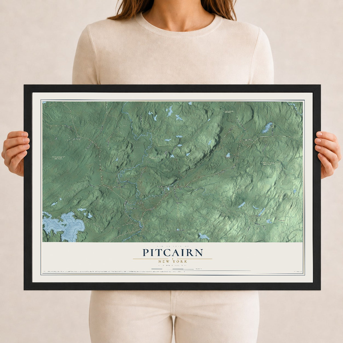 Pitcairn, New York map print, 12" x 18" W/ Black Ayous Wood Frame mockup