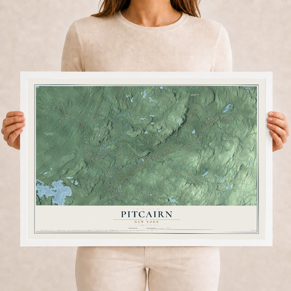 Pitcairn, New York map print, 12" x 18" W/ White Ayous Wood Frame mockup