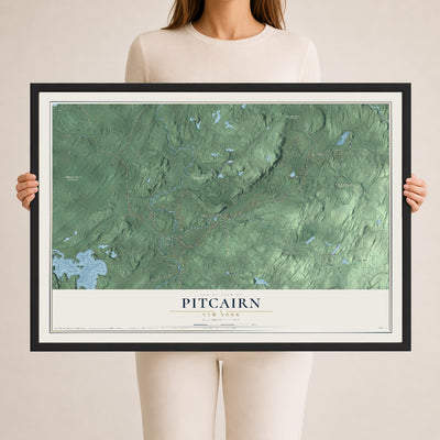 Pitcairn, New York map print, 24" x 36" W/ Black Ayous Wood Frame mockup