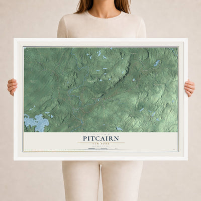 Pitcairn, New York map print, 24" x 36" W/ White Ayous Wood Frame mockup
