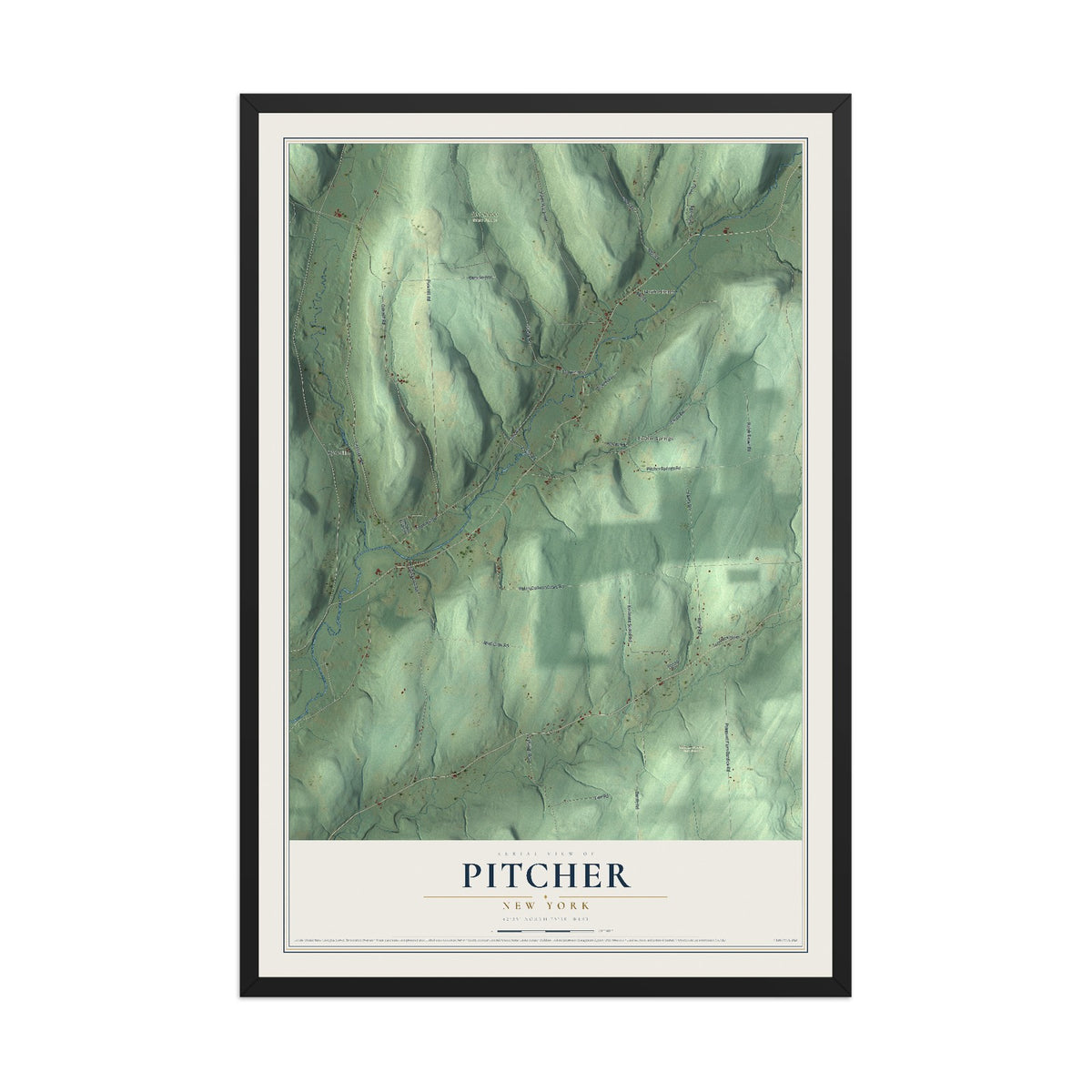 Pitcher, New York map print, 12" x 18" W/ Black Ayous Wood Frame mockup