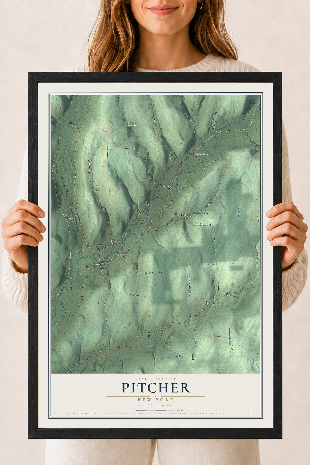Pitcher, New York map print, 18" x 24" W/ Black Ayous Wood Frame mockup