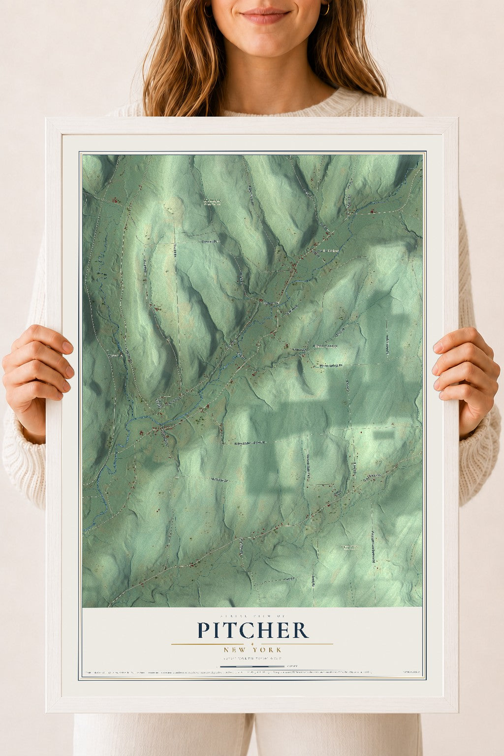 Pitcher, New York map print, 18" x 24" W/ White Ayous Wood Frame mockup