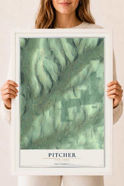 Pitcher, New York map print, 18" x 24" W/ White Ayous Wood Frame mockup