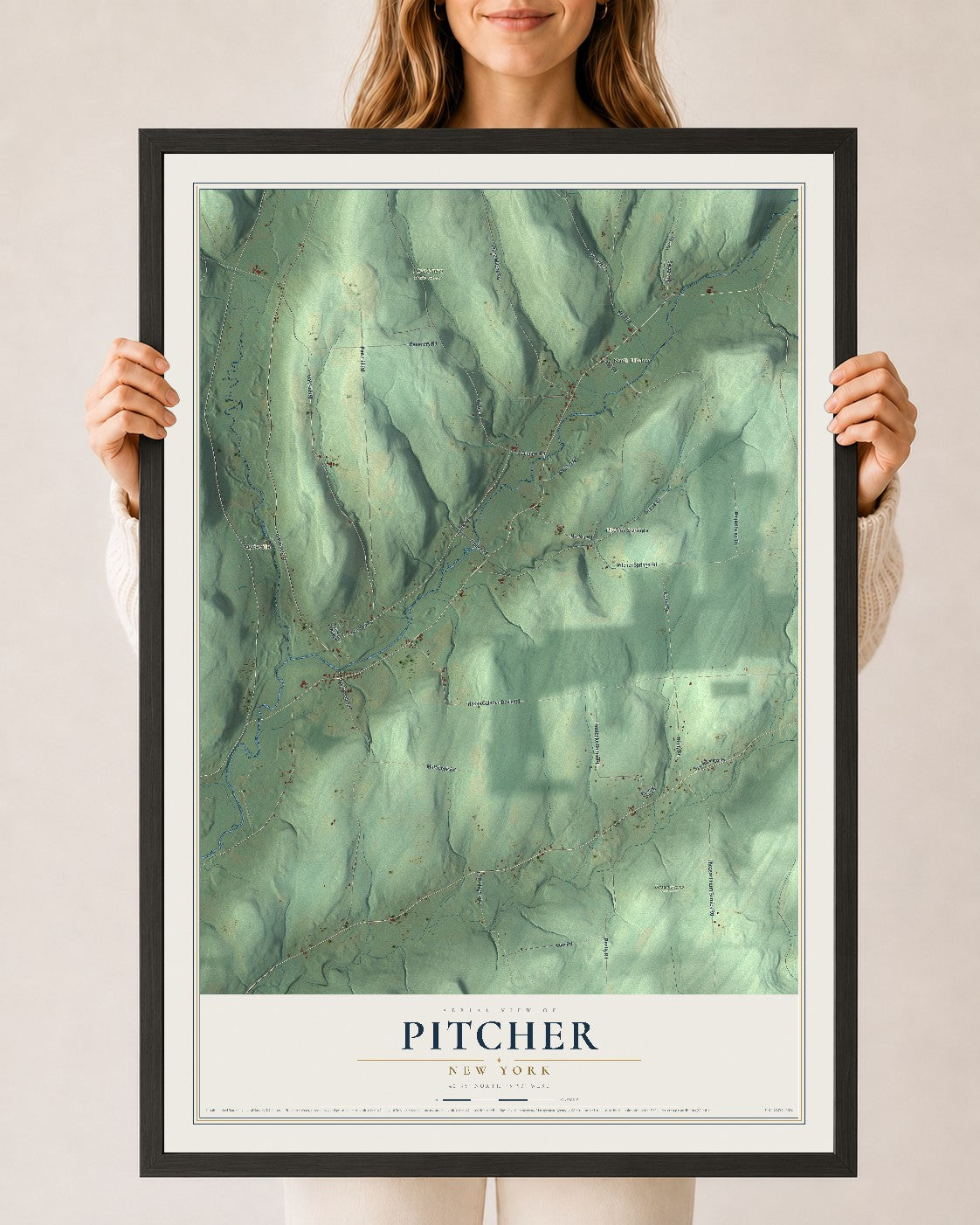 Pitcher, New York map print, 24" x 36" W/ Black Ayous Wood Frame mockup