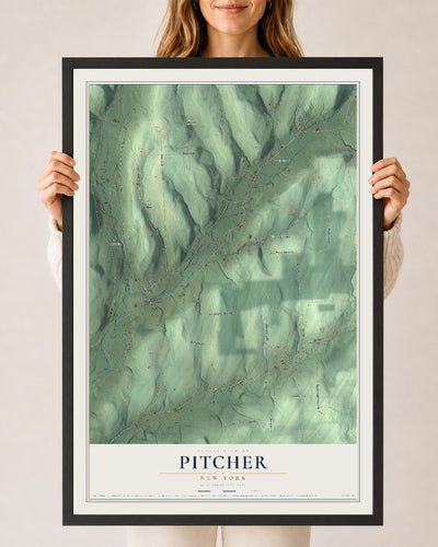 Pitcher, New York map print, 24" x 36" W/ Black Ayous Wood Frame mockup