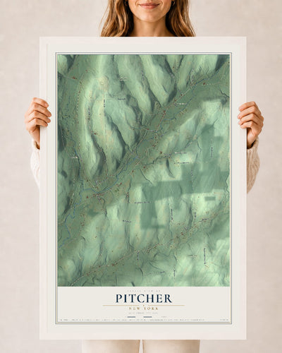 Pitcher, New York map print, 24" x 36" W/ White Ayous Wood Frame mockup