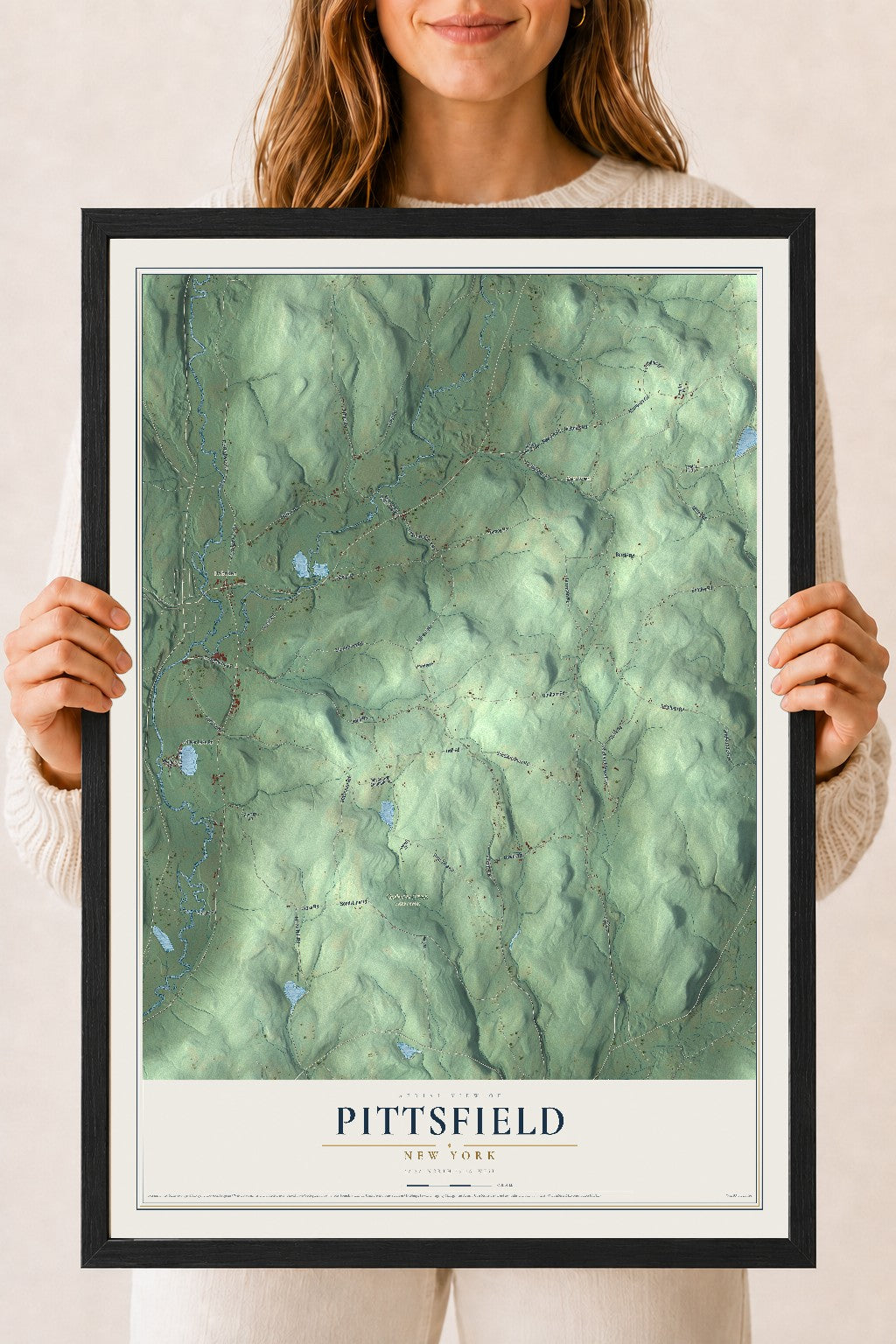 Pittsfield, New York map print, 18" x 24" W/ Black Ayous Wood Frame mockup