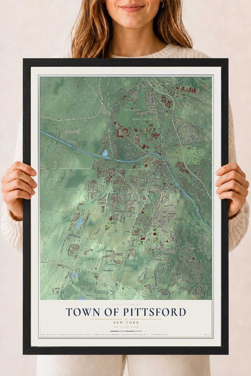 Pittsford, New York map print, 18" x 24" W/ Black Ayous Wood Frame mockup