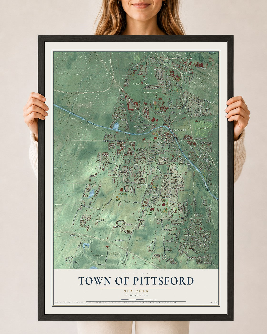 Pittsford, New York map print, 24" x 36" W/ Black Ayous Wood Frame mockup
