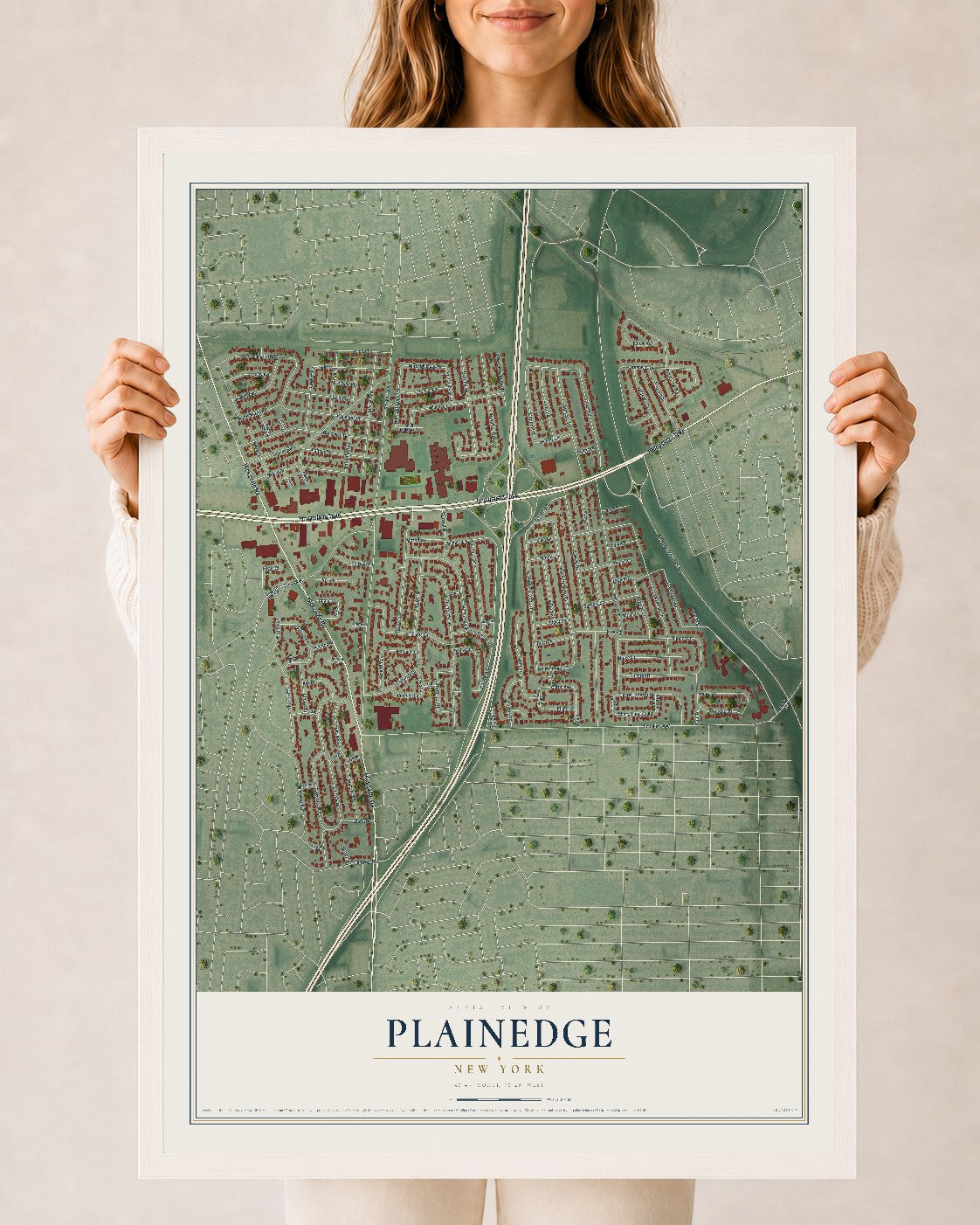 Plainedge, New York map print, 24" x 36" W/ White Ayous Wood Frame mockup