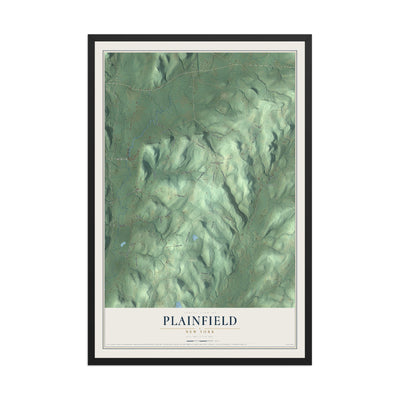 Plainfield, New York map print, 12" x 18" W/ Black Ayous Wood Frame mockup