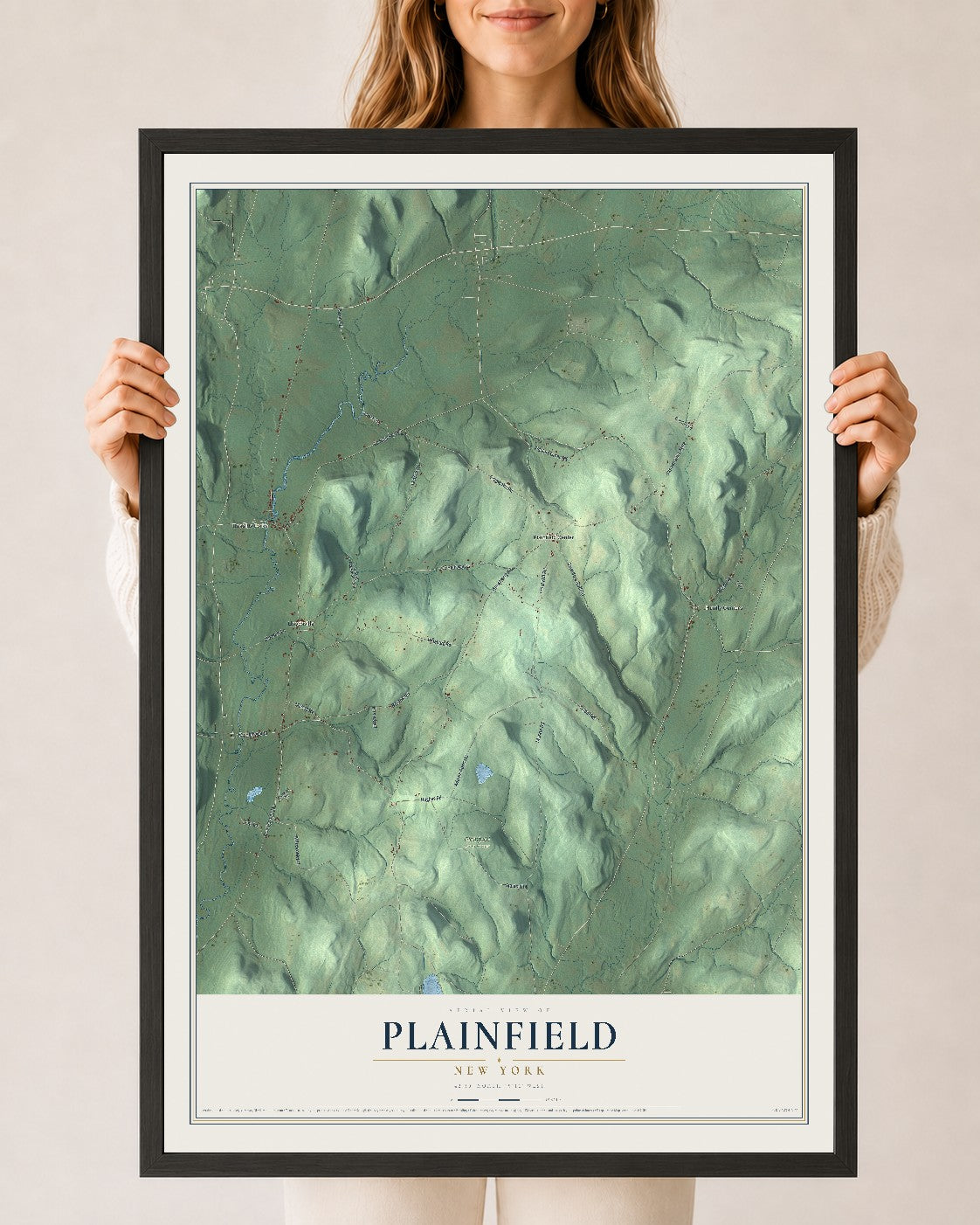 Plainfield, New York map print, 24" x 36" W/ Black Ayous Wood Frame mockup