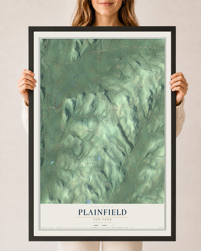 Plainfield, New York map print, 24" x 36" W/ Black Ayous Wood Frame mockup