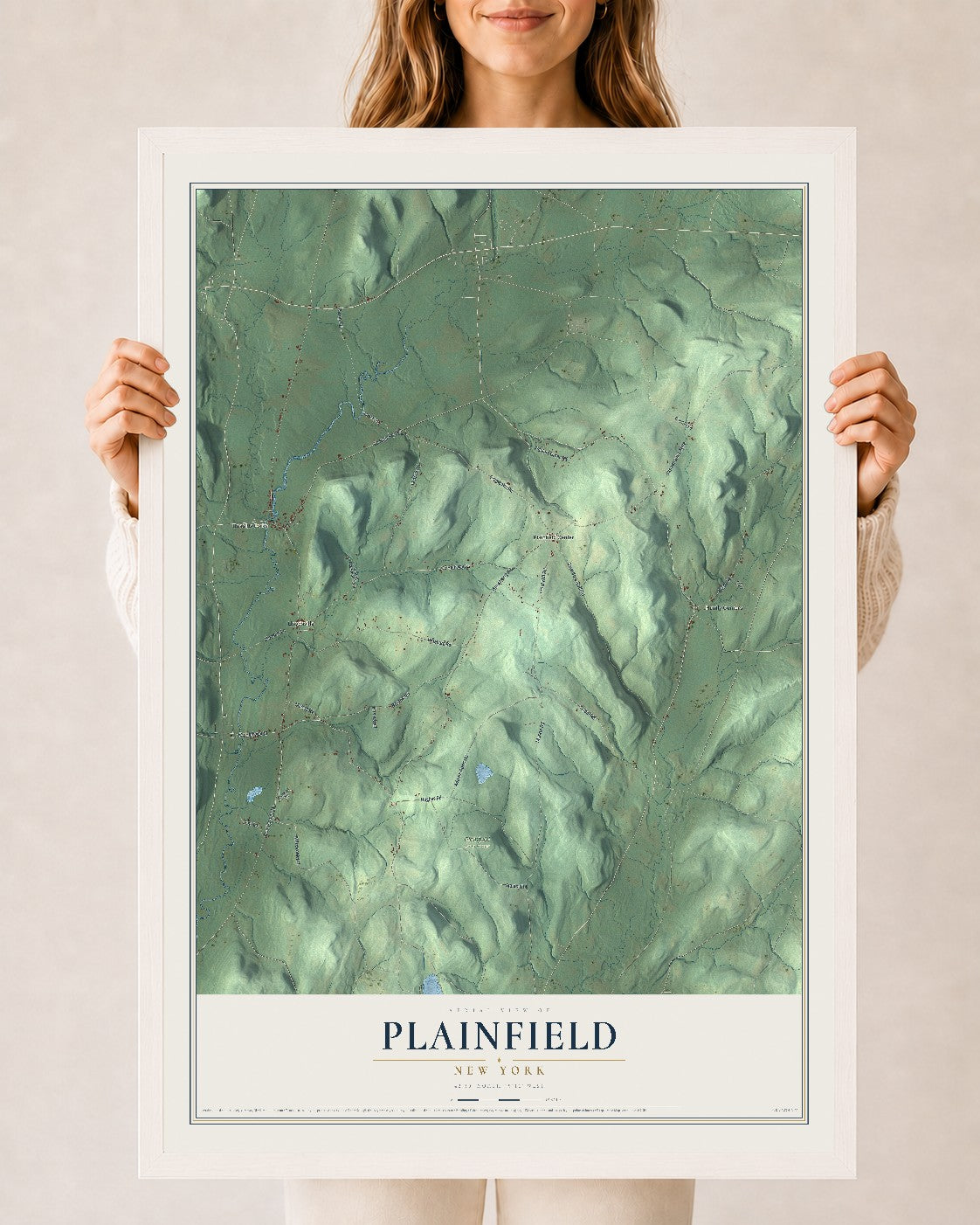Plainfield, New York map print, 24" x 36" W/ White Ayous Wood Frame mockup