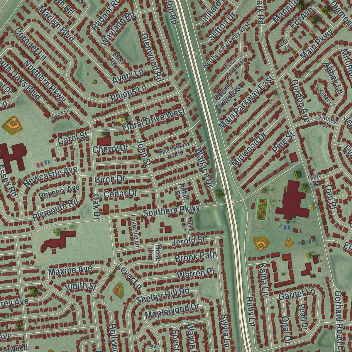 Close-up 1 of the Plainview, New York map artwork