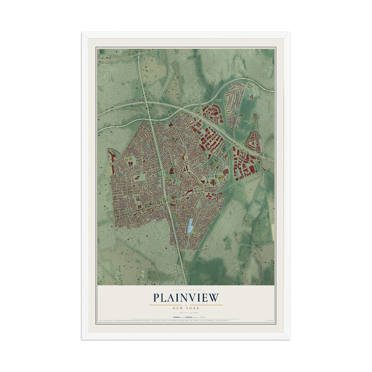 Plainview, New York map print, 12" x 18" W/ White Ayous Wood Frame mockup