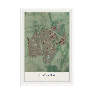 Plainview, New York map print, 12" x 18" W/ White Ayous Wood Frame mockup