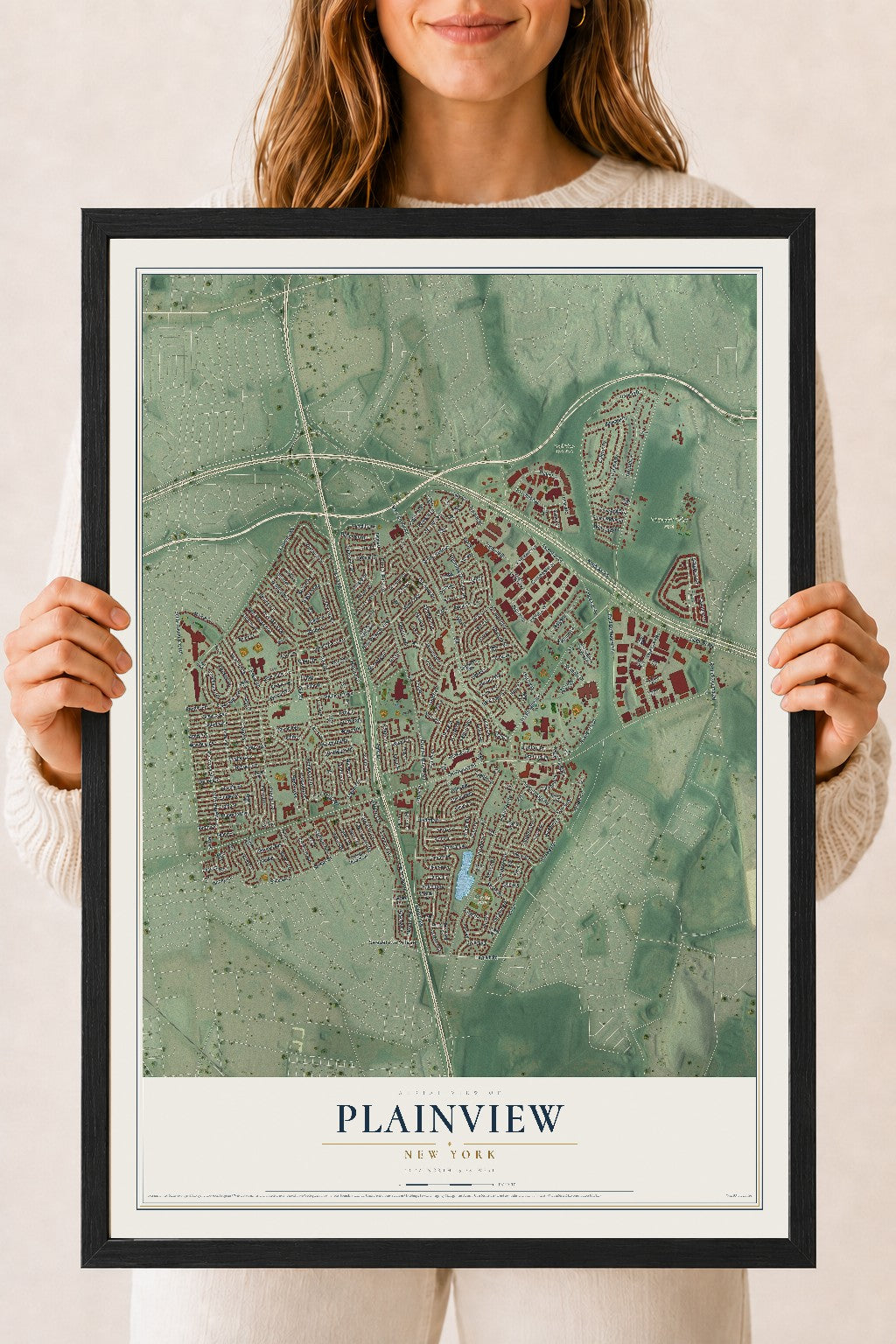 Plainview, New York map print, 18" x 24" W/ Black Ayous Wood Frame mockup