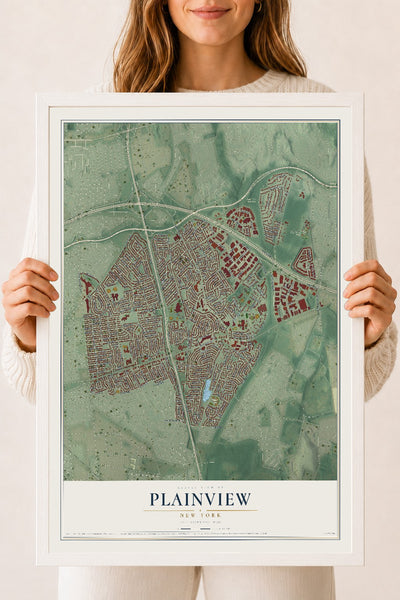 Plainview, New York map print, 18" x 24" W/ White Ayous Wood Frame mockup