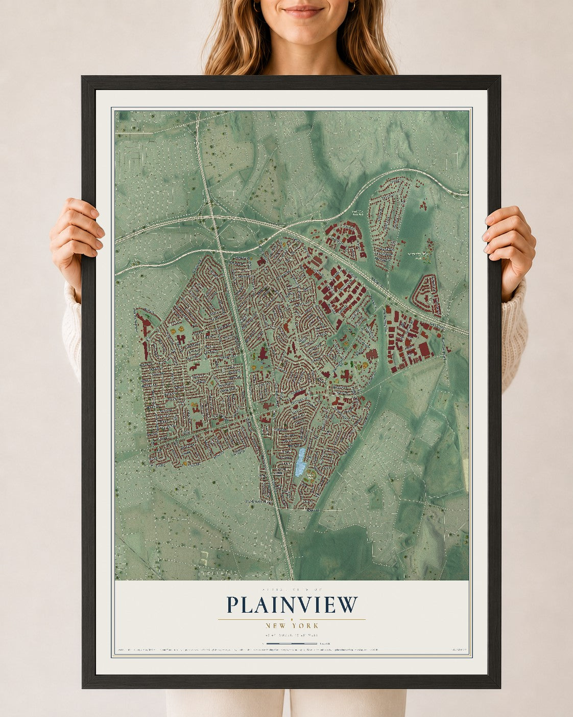 Plainview, New York map print, 24" x 36" W/ Black Ayous Wood Frame mockup