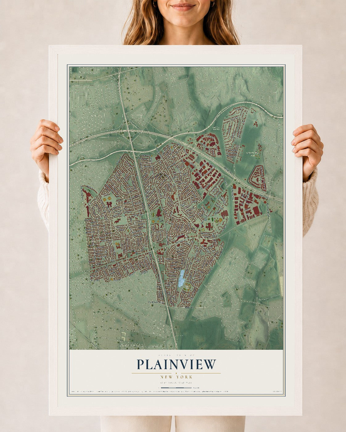 Plainview, New York map print, 24" x 36" W/ White Ayous Wood Frame mockup