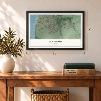 Plandome, New York map, 12 x 18 inch print in a black frame in an entryway