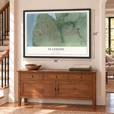 Plandome, New York map, 24 x 36 inch print in a black frame above a dresser by a staircase