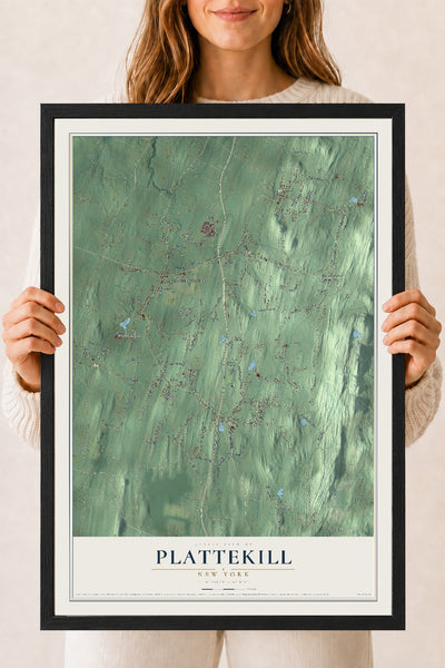 Plattekill, New York map print, 18" x 24" W/ Black Ayous Wood Frame mockup