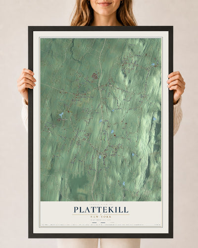 Plattekill, New York map print, 24" x 36" W/ Black Ayous Wood Frame mockup
