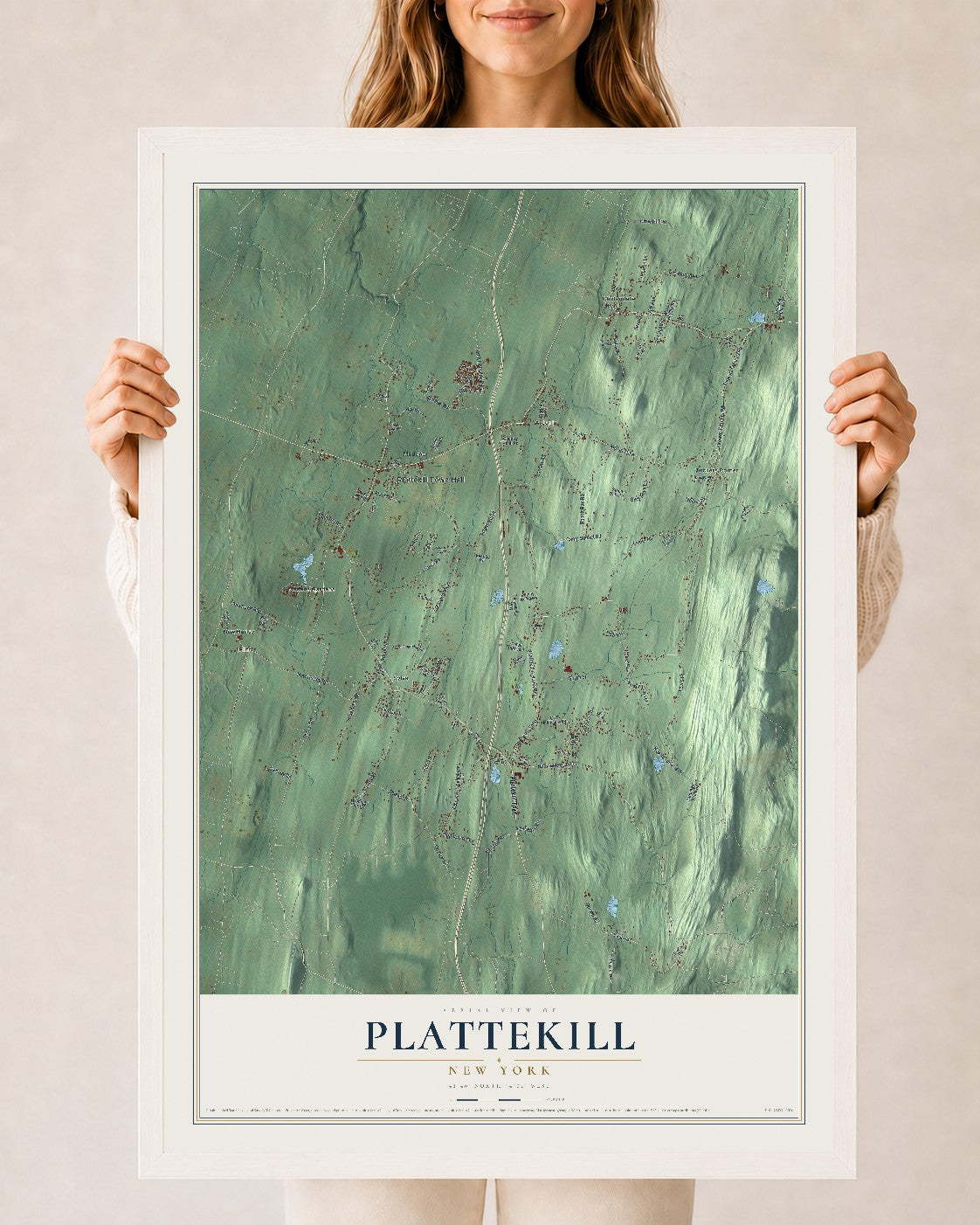 Plattekill, New York map print, 24" x 36" W/ White Ayous Wood Frame mockup