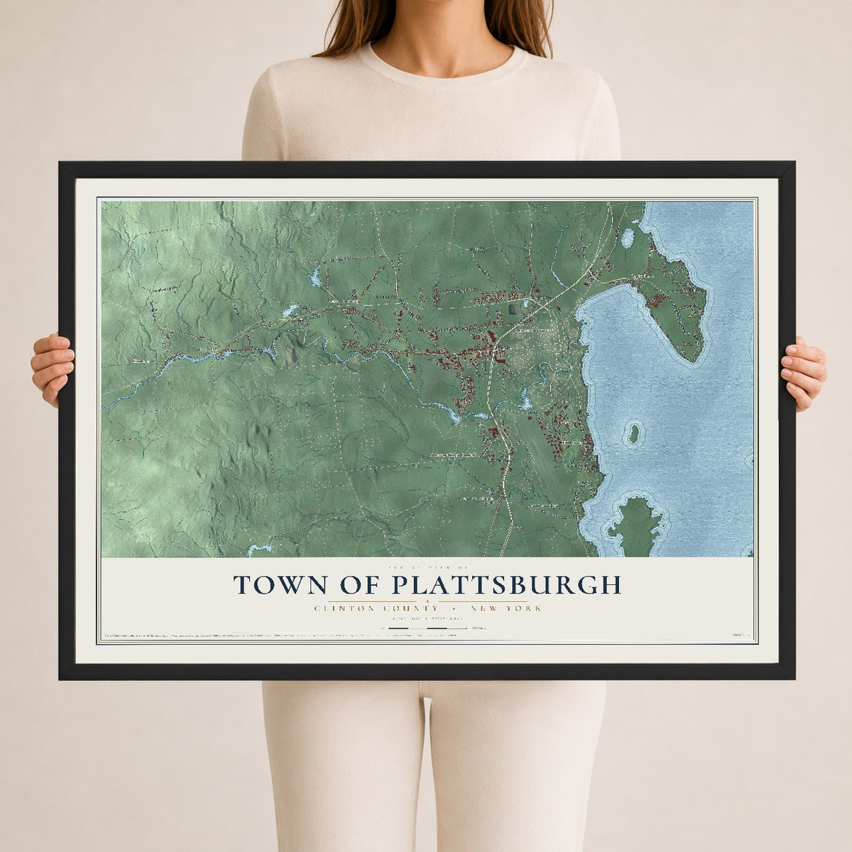 Plattsburgh, New York map print, 24" x 36" W/ Black Ayous Wood Frame mockup