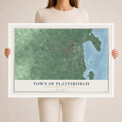 Plattsburgh, New York map print, 24" x 36" W/ White Ayous Wood Frame mockup
