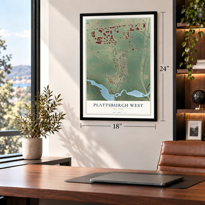 Plattsburgh West, New York map, 18 x 24 inch print in a black frame in a home office
