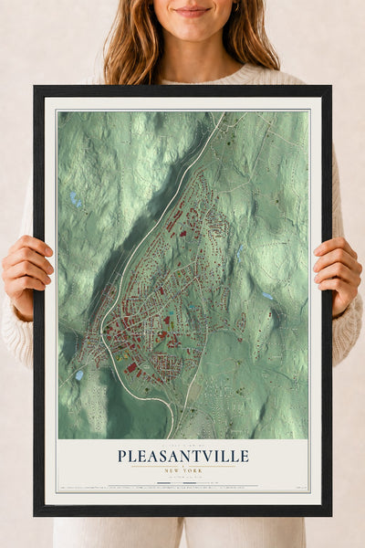 Pleasantville, New York map print, 18" x 24" W/ Black Ayous Wood Frame mockup