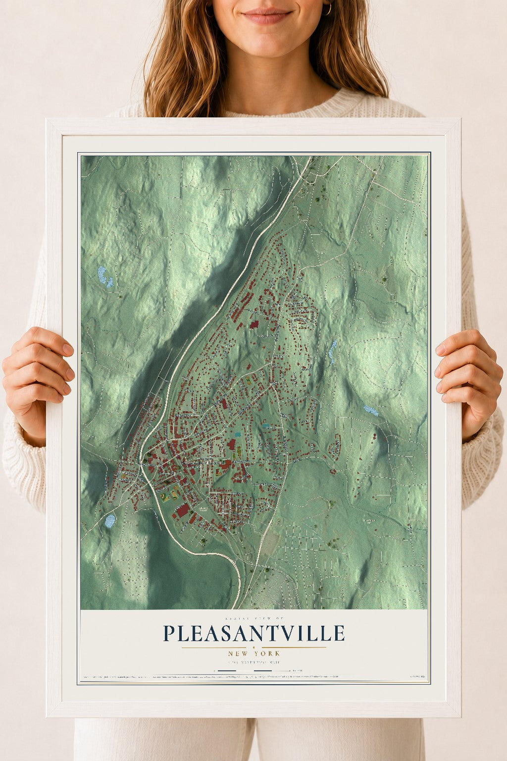 Pleasantville, New York map print, 18" x 24" W/ White Ayous Wood Frame mockup