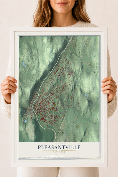 Pleasantville, New York map print, 18" x 24" W/ White Ayous Wood Frame mockup